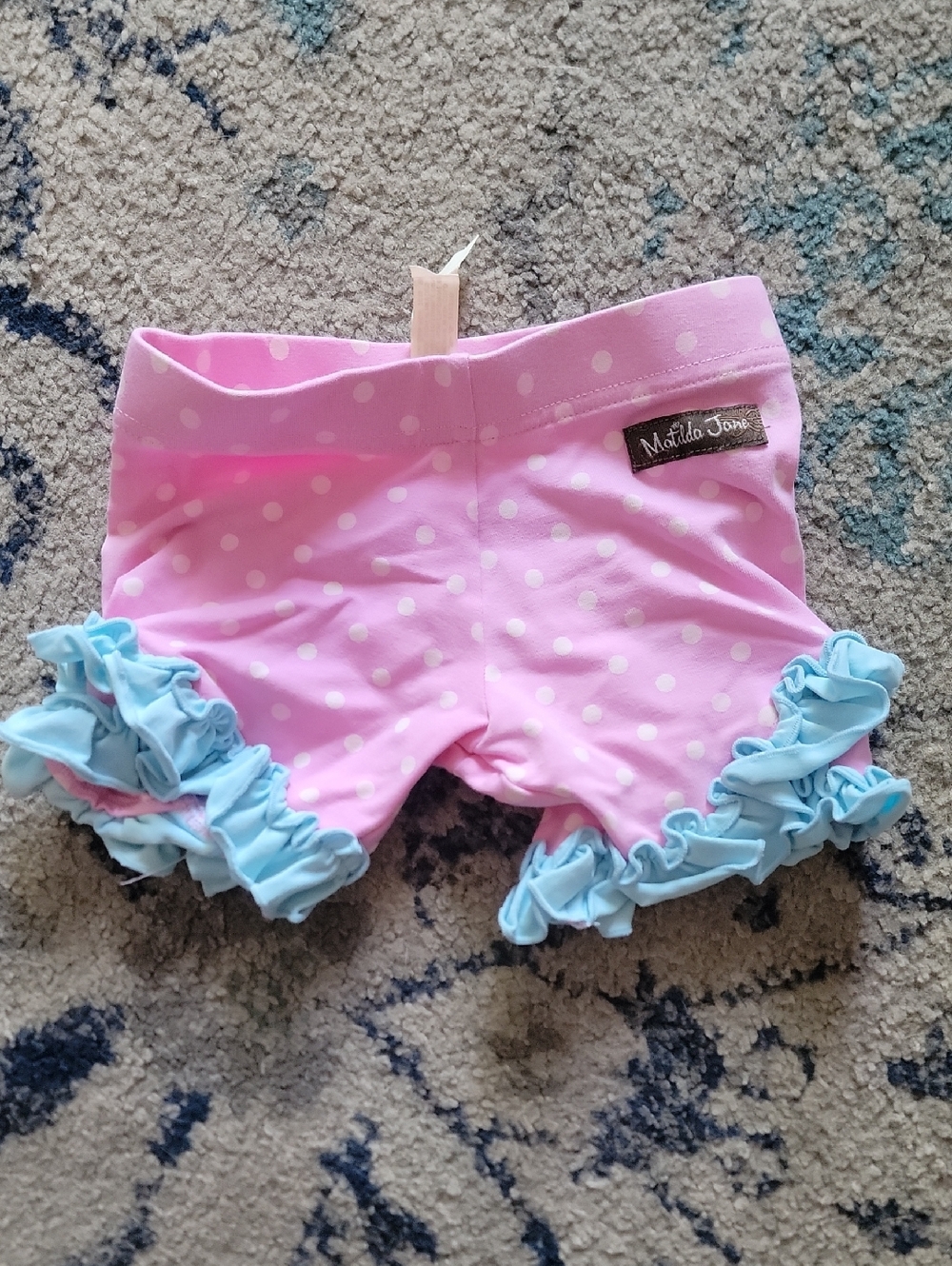 Matilda Jane Pink Polka Dot Ruffle Shorts with Blue Trim